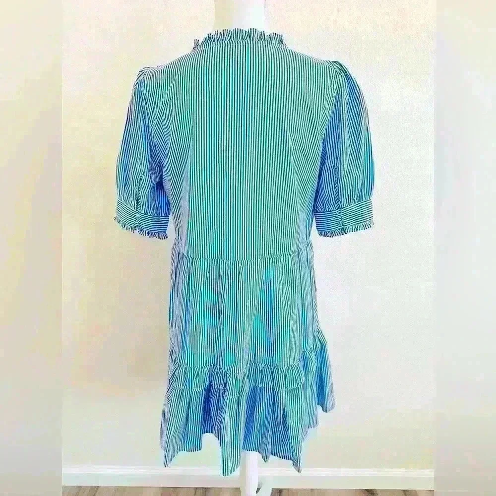 J. Crew Stripe Ruffleneck Tiered Popover Dress Size Medium Petite